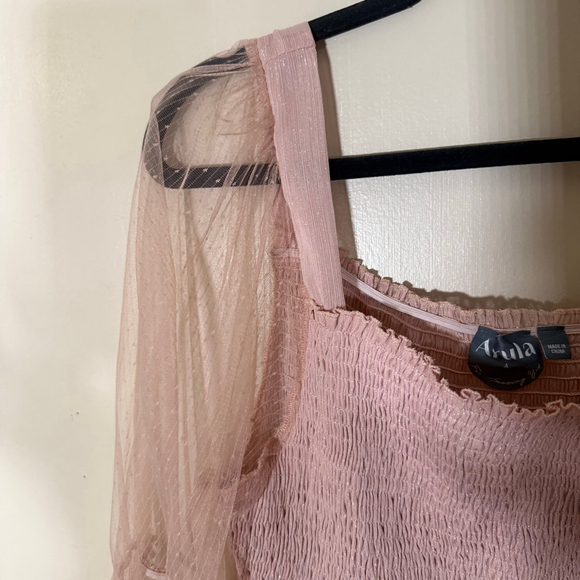 Arula Rose Pink Smocked Peasant Milkmaid Blouse with Sheer Sleeves 1X - Picture 5 of 8